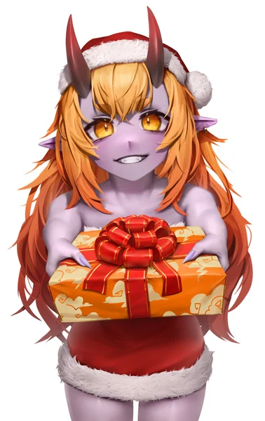 Diaz in a christmas outfit offering a present to the viewer.