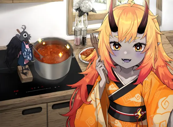 Tengu cooking and Diaz slightly drooling in expectation.