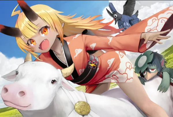 Diaz riding a completely white cow, with Kappa and Tengu tagging along.