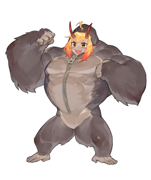 Diaz in a gorilla outfit, with a big zipper on the chest.