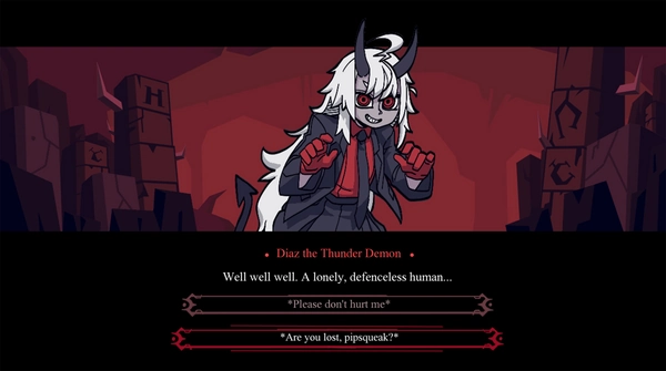 Diaz appears like a character from Helltaker, trying to put her hands on you. On the UI, her name shows up as 'Diaz the Thunder Demon' and her text reads 'Well well well. A lonely, defenceless human...'