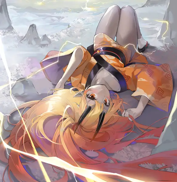 Diaz lying on her back, somewhere on top of the world or the realm of the gods, with thunder effects crossing through the screen.