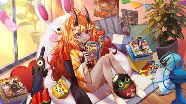 Diaz sitting on her messy room, tearing up while reading a manga on the Weekly Shōnen Jump, most likely referencing her love for One Piece, which also appears on the cover.