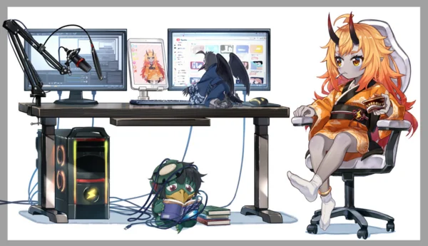 Diaz sits on her gaming chair eating chocolate while Tengu tries to set up the stream. On the bottom, Kappa can be seen tangled with PC cables, leisurely reading a book.