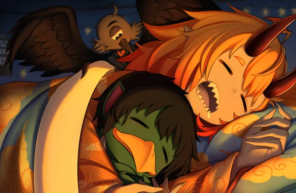 Diaz sleeping soundly, with her mouth open and drooling. She's hugging Kappa, who's also sleeping with a happy expression. Tengu is right next to them, awake and watching after them.