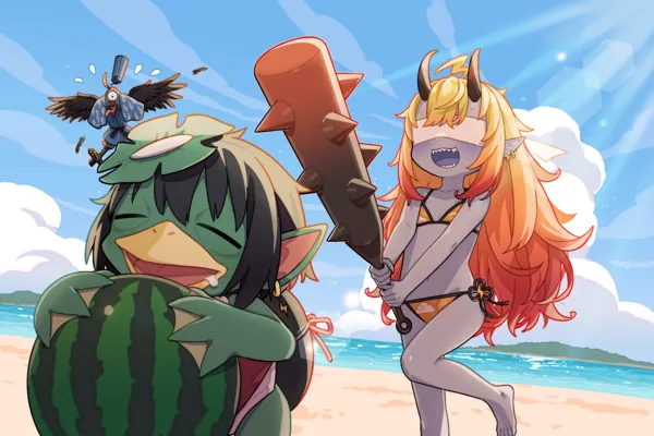 Diaz wearing a bikini and playing suikawai (a game where you split a watermelon with a stick while blindfolded) at the beach. Tengu is looking at the scene in panic as Kappa's gluttony and unawareness lead him to hug the watermelon, getting right in the middle of Diaz's path.