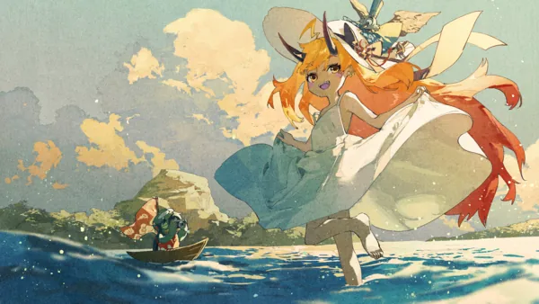 Diaz runs through the shallow waters of the beach, holding her white dress from getting wet. She's also wearing a white beach hat, while Kappa takes a picture of the scene from a small boat.