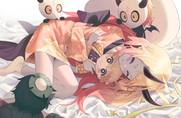 Diaz lies in bed dearly hugging a Zenitsu doll. Around her, two minions and Kappa also appear on the scene.